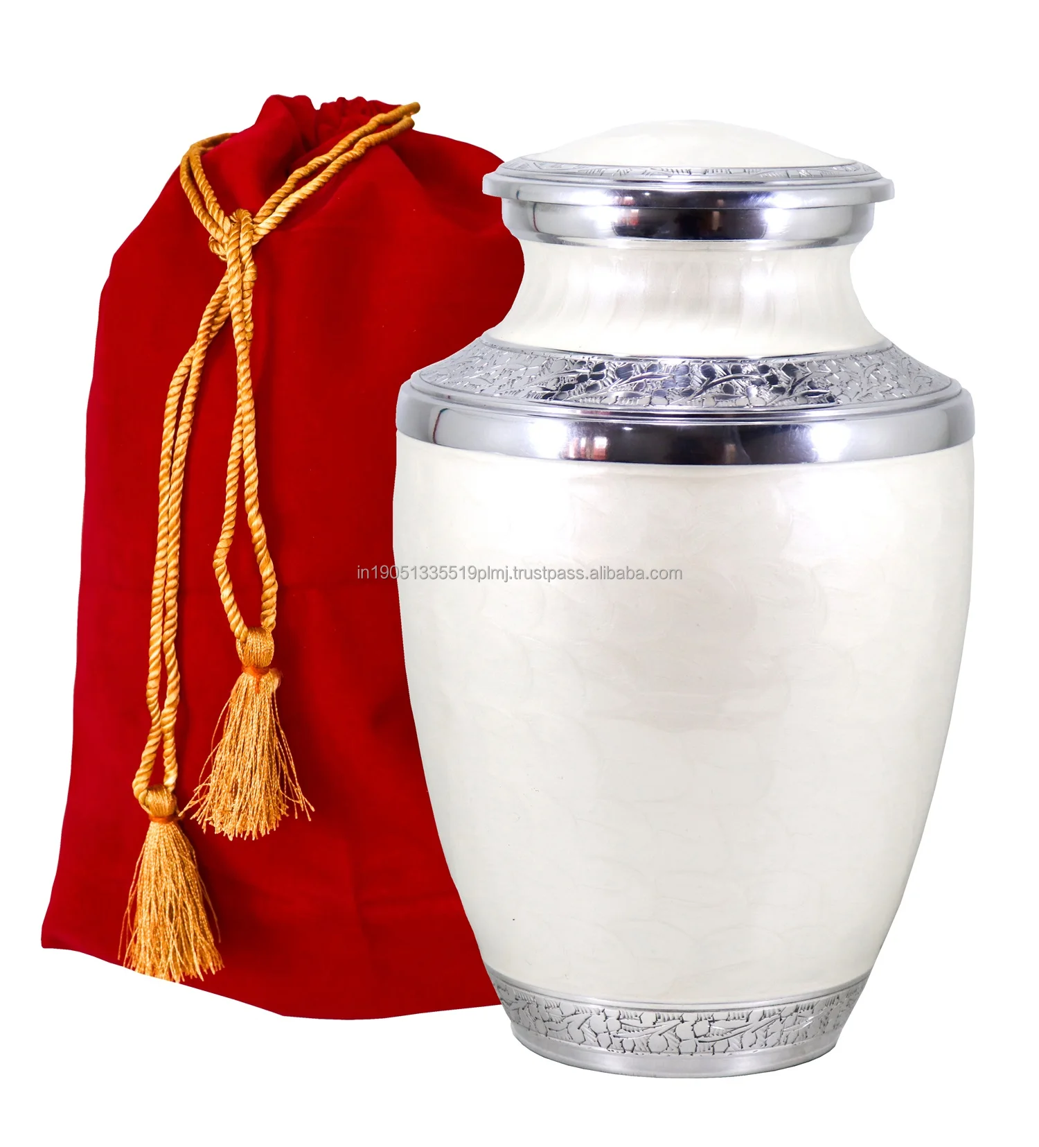 Custom Aluminum Cremation Urns for Human Ashes Beautiful Pearl White Enamel & Engraved work Wholesale Keepsake Urns For Ashes