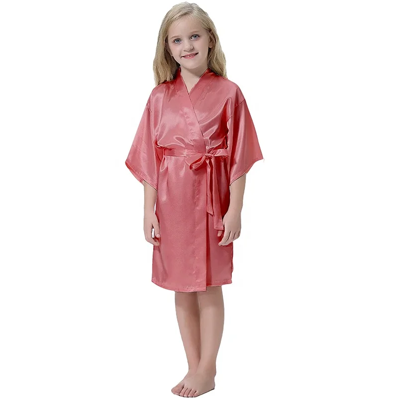 Kid Bathrobe with Adjustable Belt Silk Satin Kimono Robe Sweet Nightgown  6010