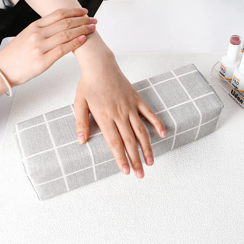 Square Leather Manicure Hand Pillow High Quality Sponge Nail Pillow Hand Rest Japanese Plaid Stripe Soft Nail Arm Pillow Stand