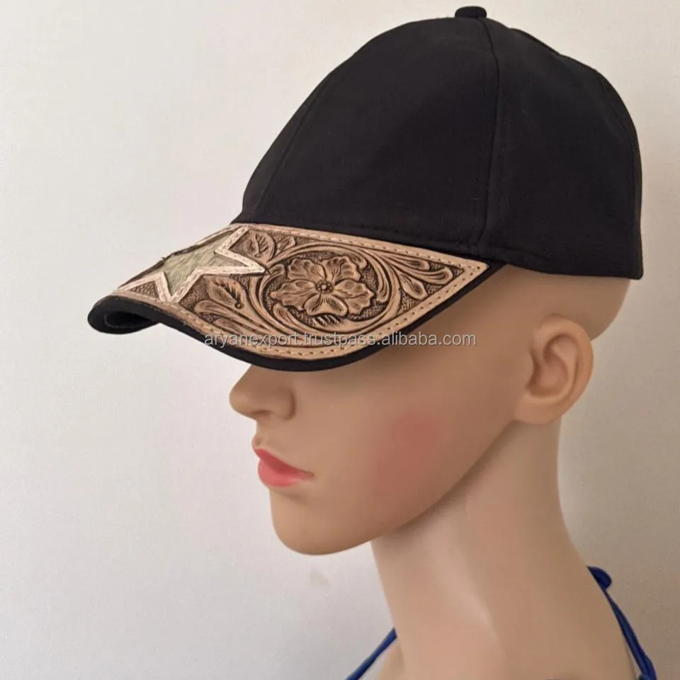 New Hair On Tooled Leather Star Trucker Hat Floral Baseball Hat Cowhide Cowboy Summer Cap Western Ball Cap Handmade Patch Hat