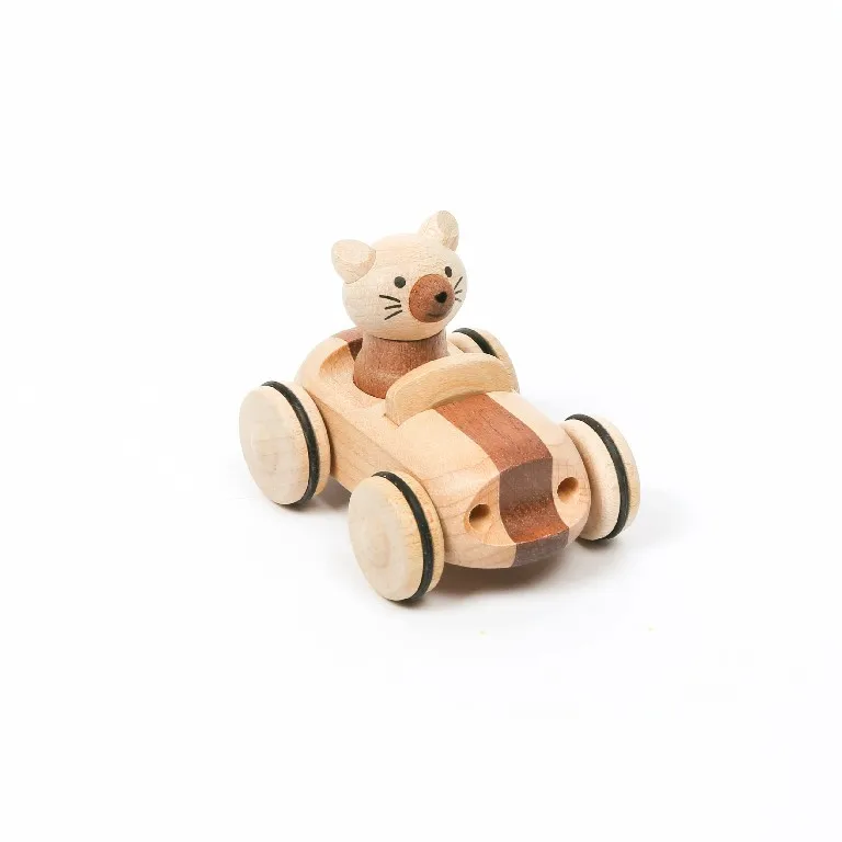 [2A] Wooden Pull back Car Racing Car Lion Wood Crafts