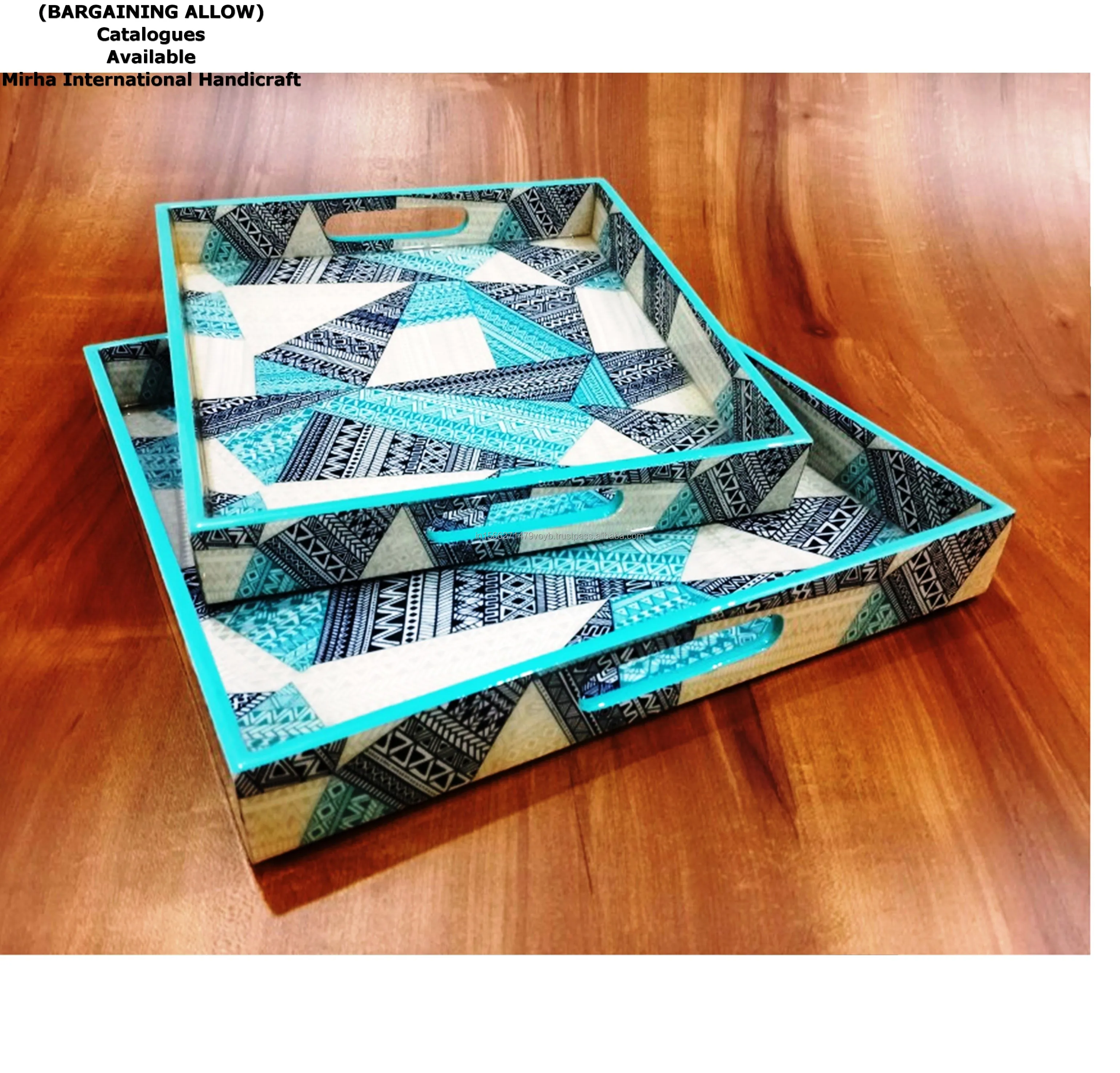 Handcrafted Wooden Serving Tray with Tissue Box Holder Hand Painted Decorative Tray for Home Use Food Serving from India