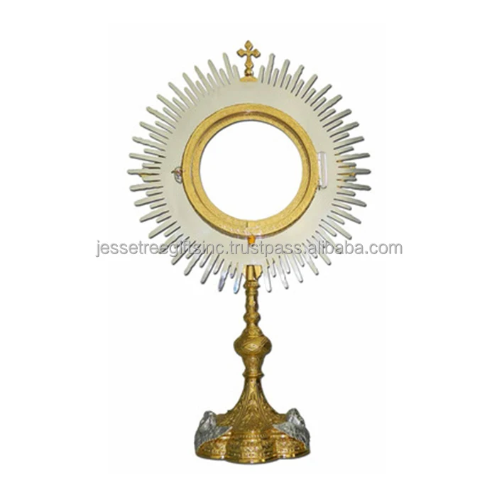 Metal Reliquary With Shiny Polish Finishing Bunch Of Grapes & Leaves Embossed Design Round Shape Cross On Top For Display