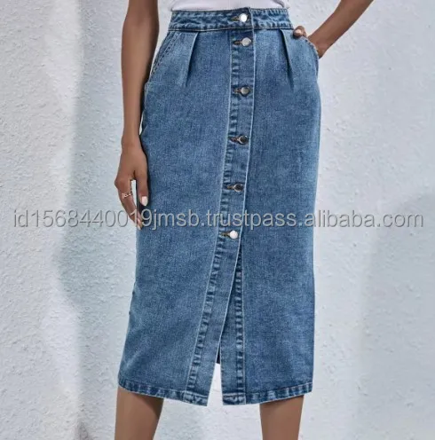 Women Denim Long Skirt Dress Single Breasted Button Fashion Straight High Waist Girls Solid Color Pencil Slit Casual Skirt OEM