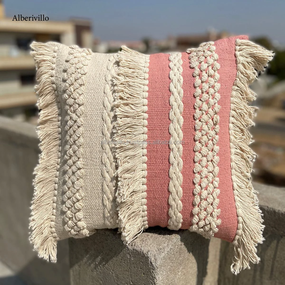 Natural Striped Fringe Black Throw Pillows Moroccan with Tassel Cotton Handmade Bohemian Throw Pillow Cover