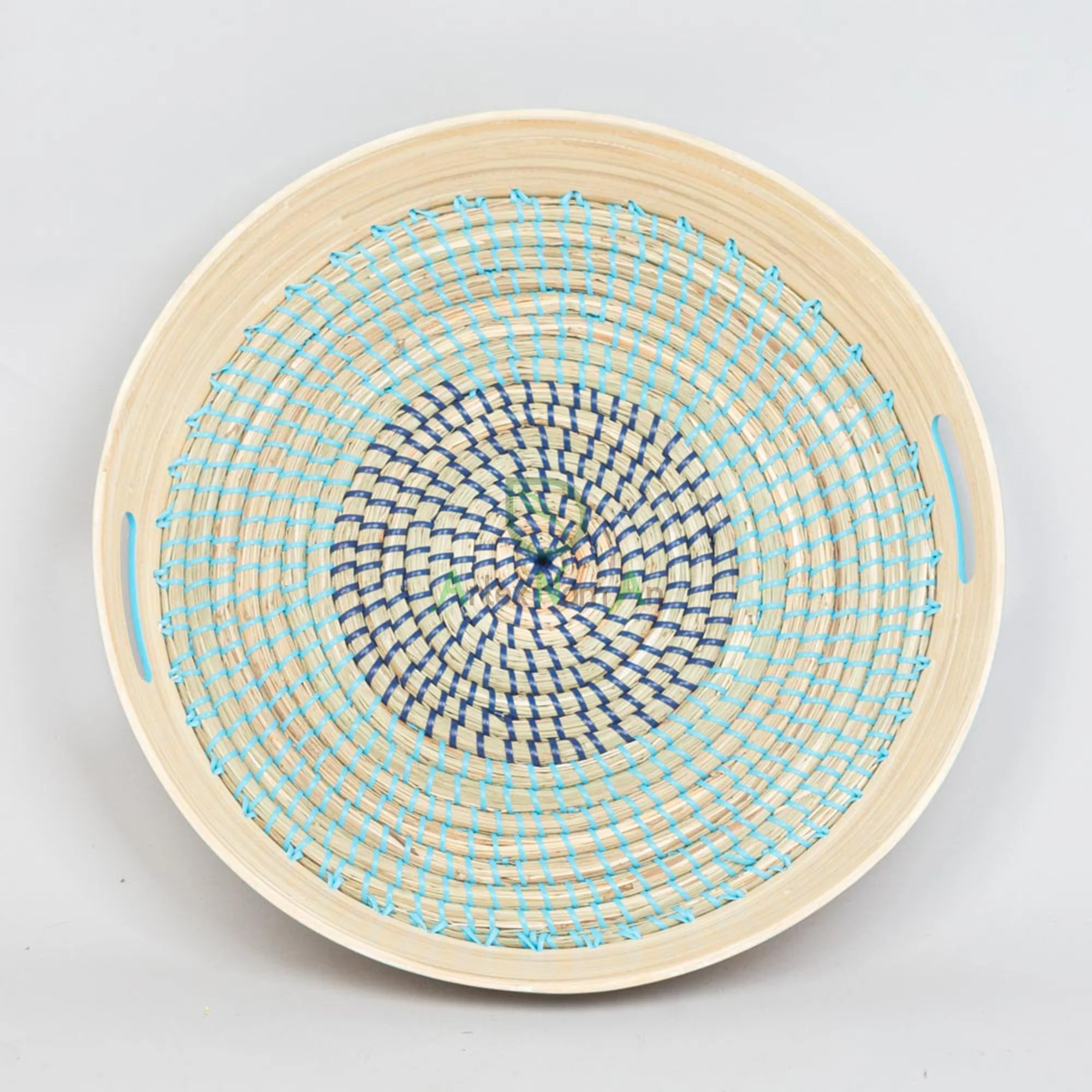 Vietnam Suppliers Eco-Friendly round Seagrass Bamboo Serving Tray with Handle Custom Size Wooden Trays Home Decorative Purpose