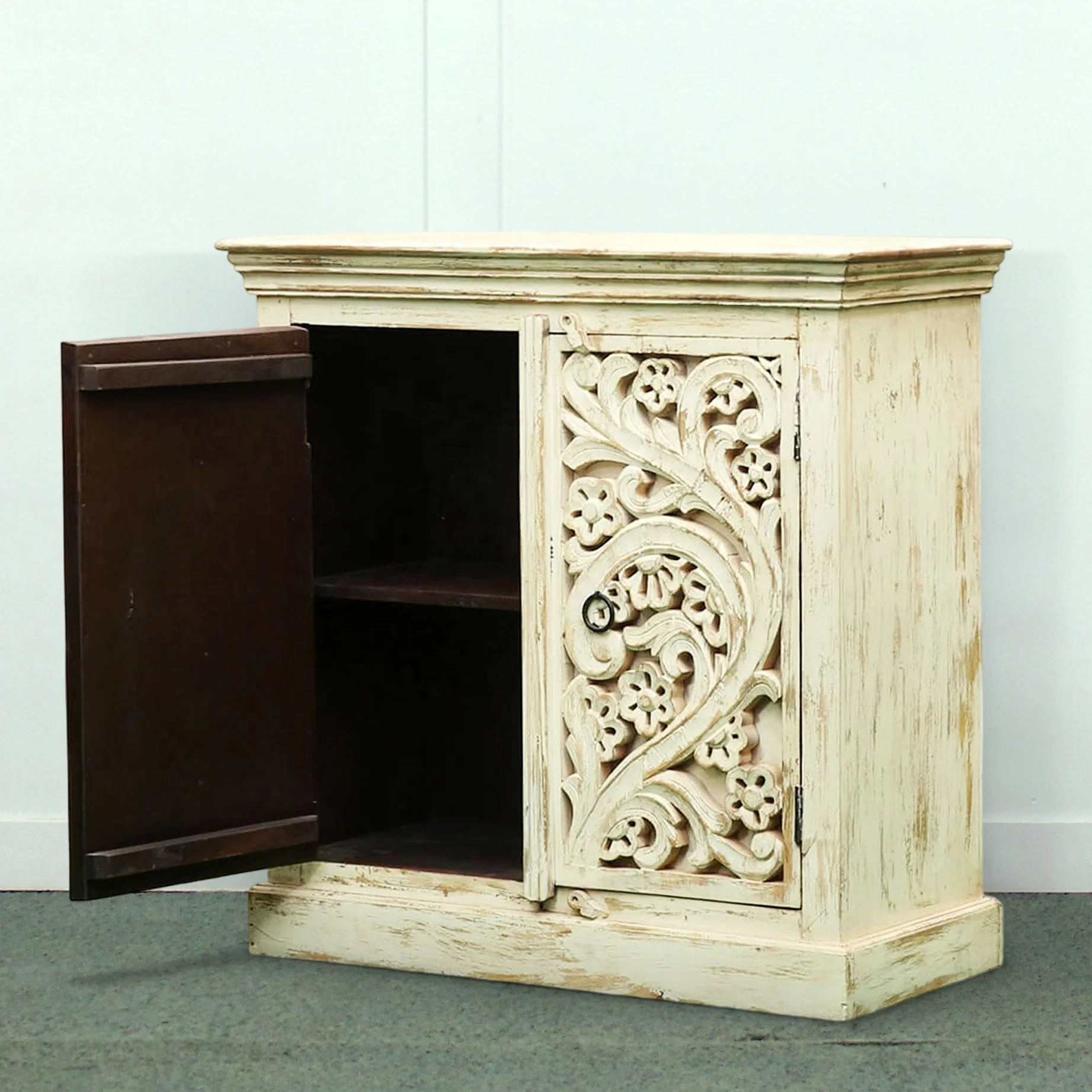 Distressed White Wash Farm house Look Shabby Chic Solid Mango Wood Two Door Storage Cabinet Sideboard Hand Carved Handmade
