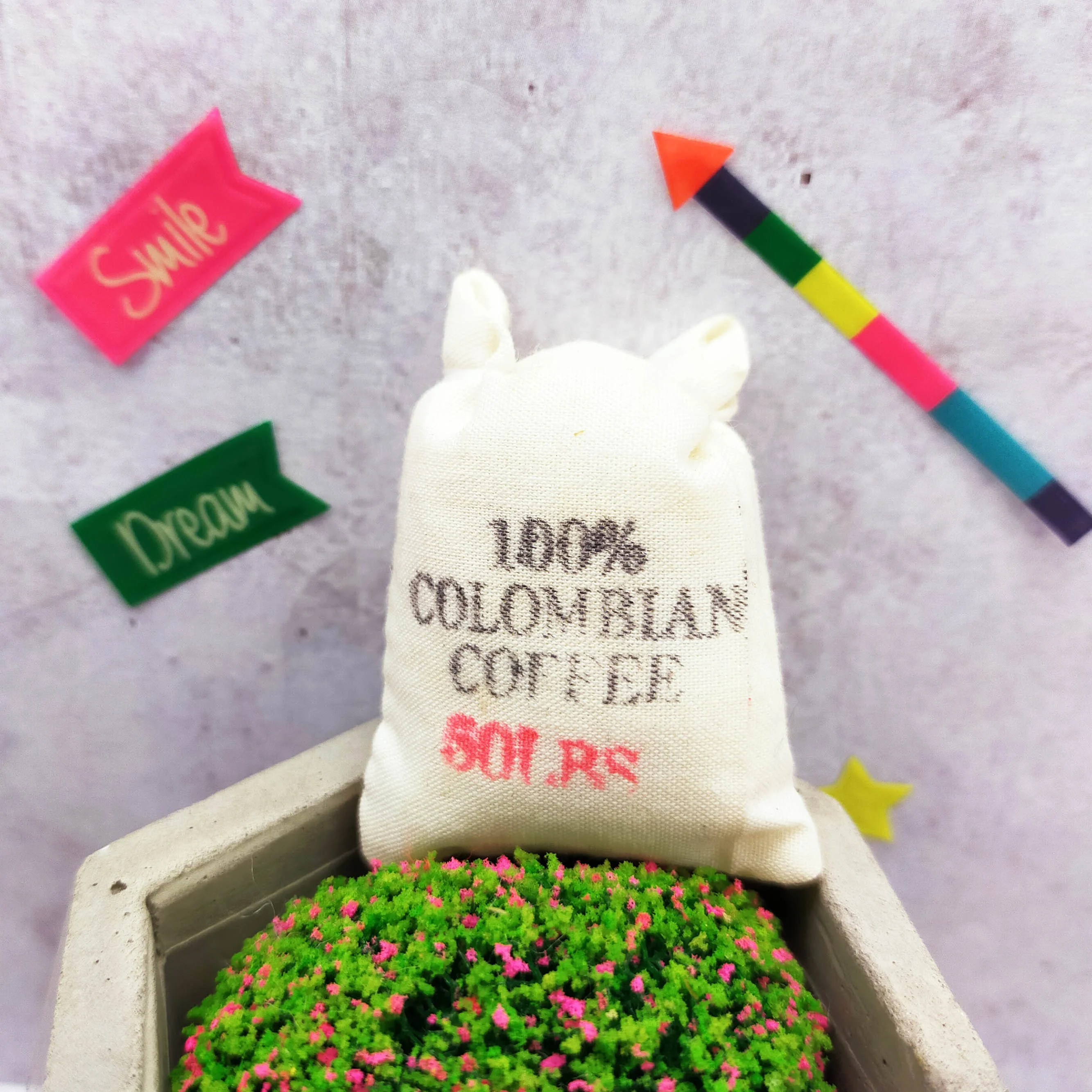Dollhouse miniatures Scale 1:12 Felt Christmas hat,  Chenille Stems Candy Cane, Sack of Coffee Beans