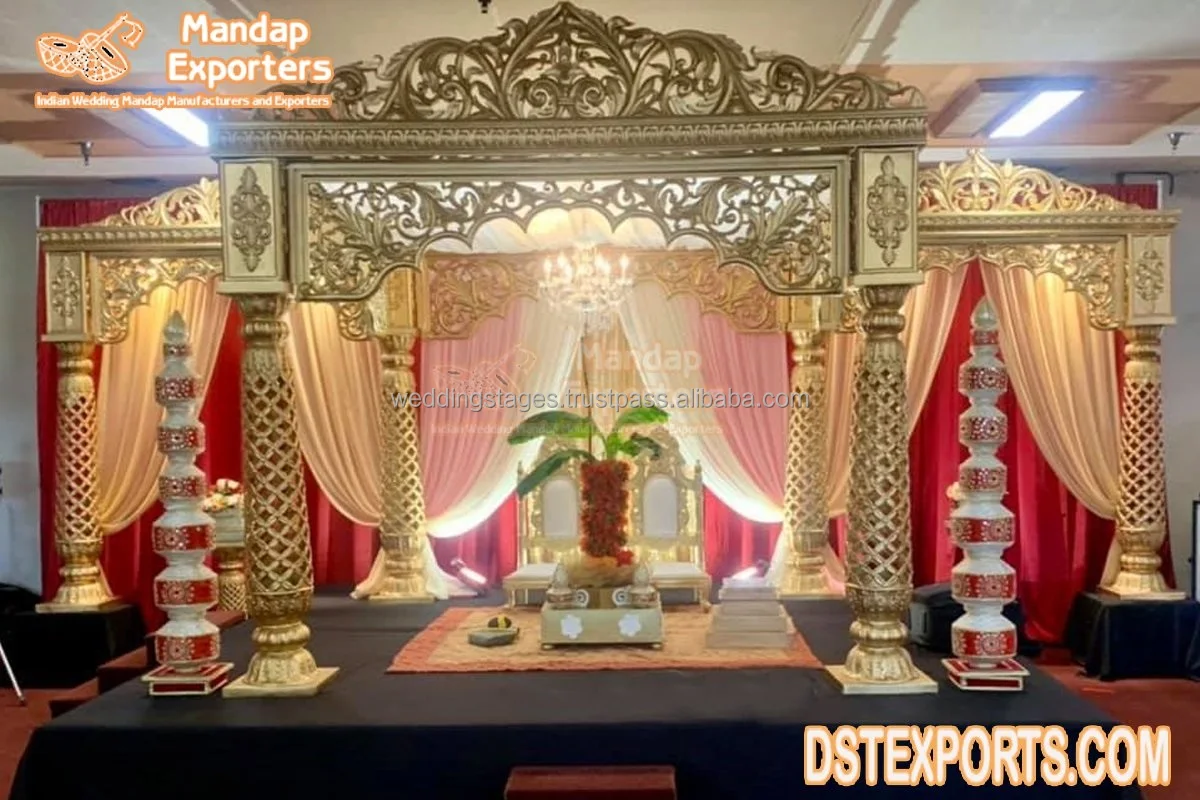 Grand Delizio Wedding Mandap Decoration UK Fascinating Golden FRP Marriage Mandap Setup Golden Carved Luxury Delizio Mandap