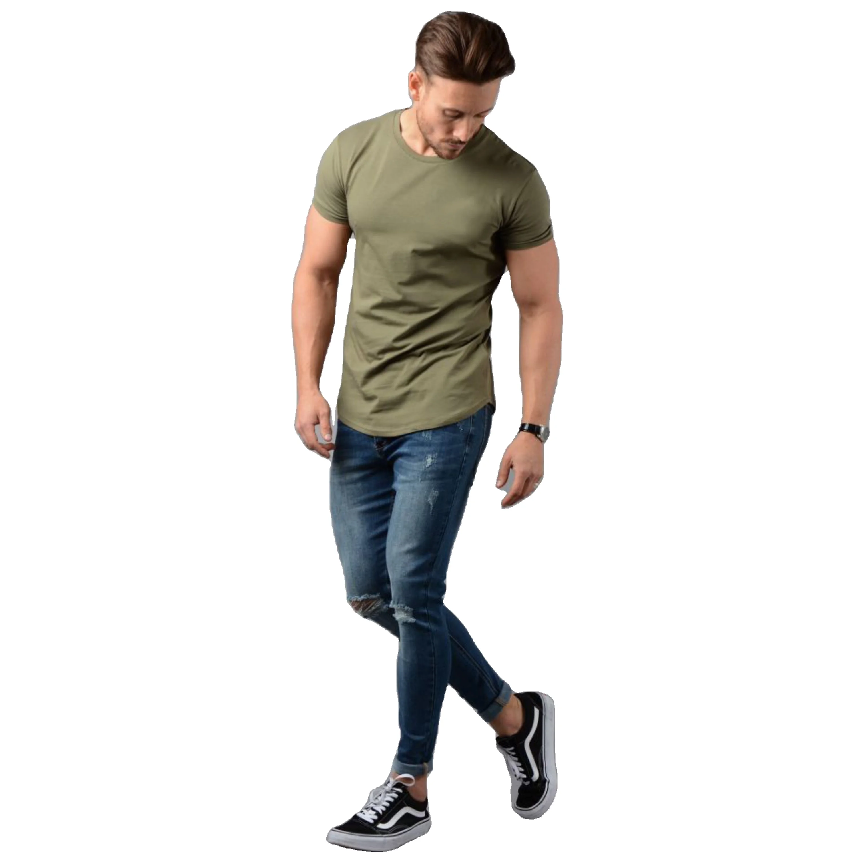 Camiseta 2022 New 95% Cotton 5% Elastane  Mens Slim Fit Longline Tee Shirt Longer Drop  Curved Hem Muscle Slim Fitted Gym Tshirt