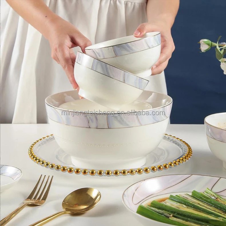 Bone Porcelain Household Food Plate 8/9 Inch Gold Circular Rice Fruit Tableware Dinner Tray Dishes Dinnerware Round Pan bowl Pot