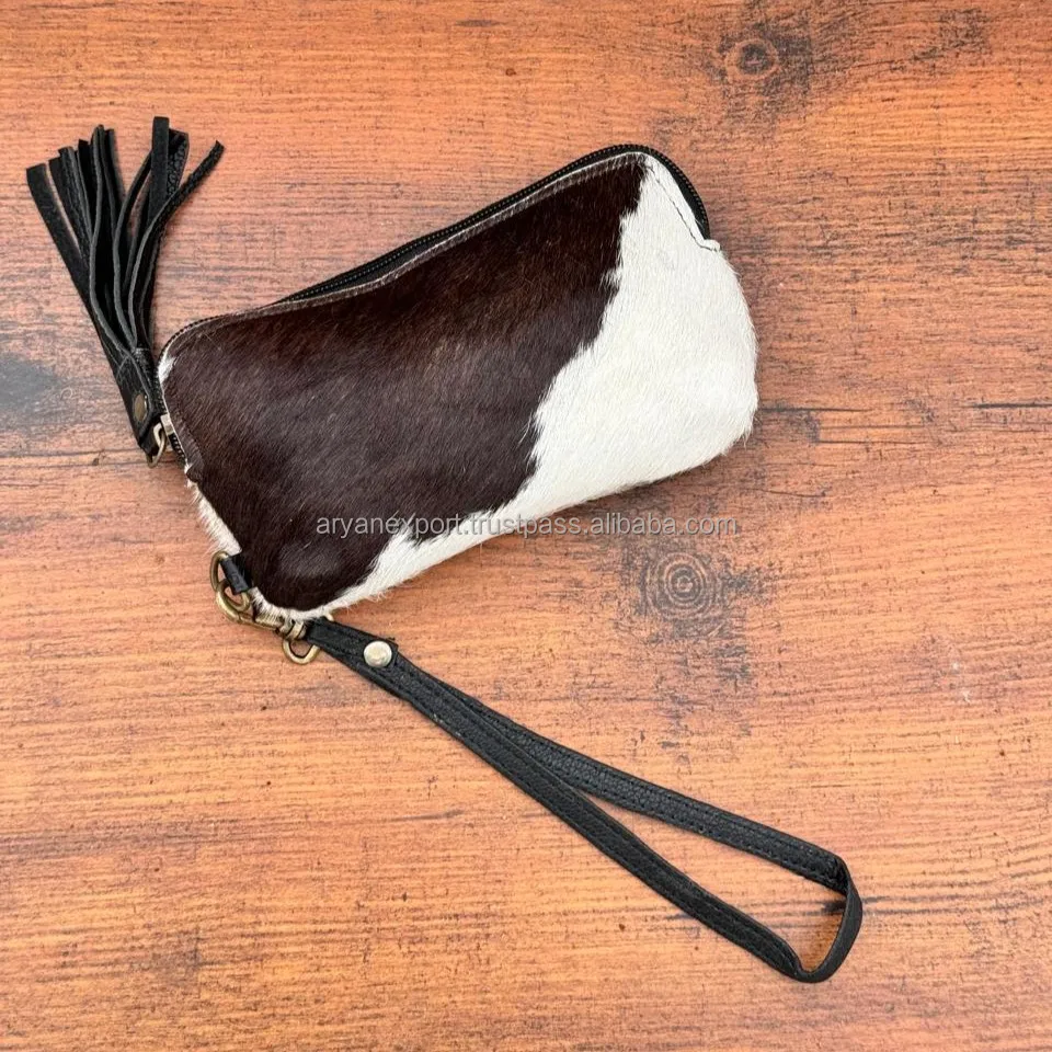 Extreme Quality Handmade Cowhide Tassel Pouch Western Genuine Leather Boho Wristlet Wallet Hair On Hide Zipper Clutch For Women