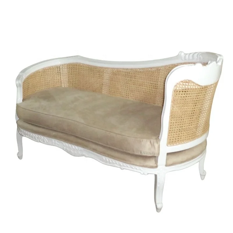 Antique Rattan Sofa Bed French Provincial Wooden Sofa Daybed Chaise Lounge Chair Cane for Living Room Home and Hotel Furniture