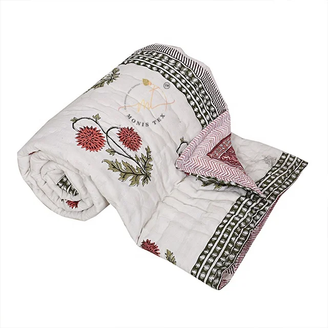 Hand Made Indian 100% Cotton Hand Block Floral Printed Red & White Quilt 60x90 inch Classic Border Azo Free OEM