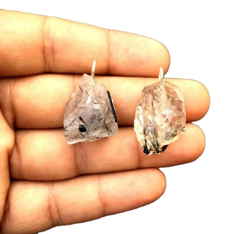 Natural Black Rutile Untreated Rough Gemstone 92.5 Sterling Silver 2 Pieces Handmade Hair Quartz Pendant Jewelry