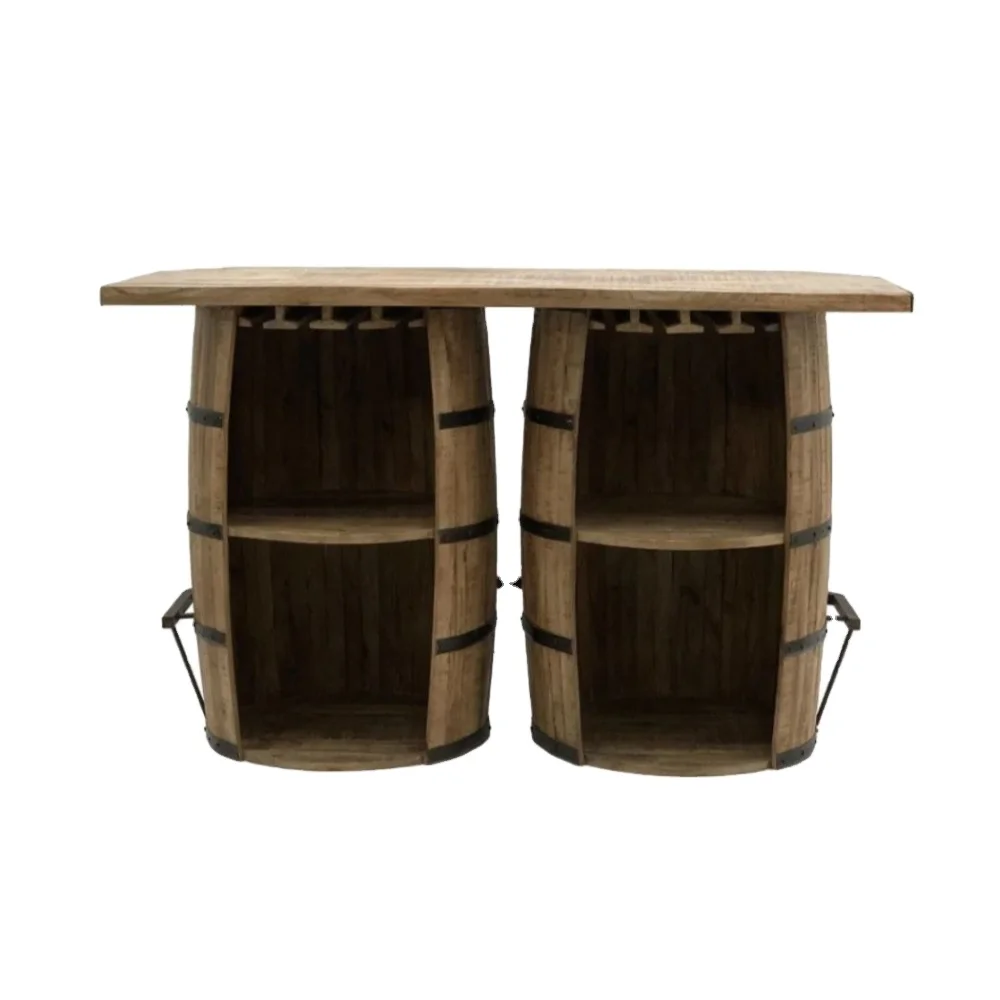 Solid Wood 2 Barrel Metal Footrest Shelf Antique Home Bar Cabinets Wine Living Room Hotel Pub Farmhouse Bathroom Hall