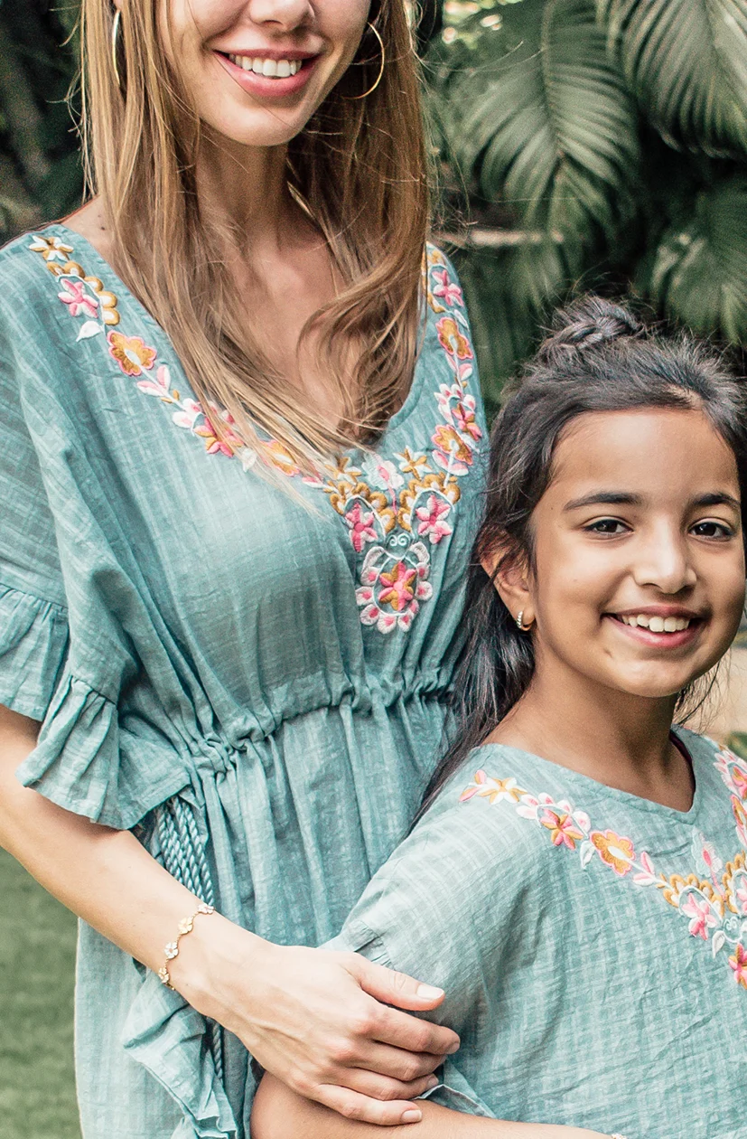 Gorgeous Mother & Daughter Matching Embroidered Kaftan Crafted With Soft Pure Cotton Fabric Perfect Beach Cover Up Outfit