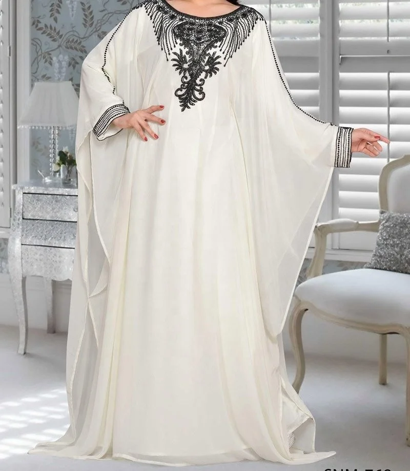 Super Trendy White Caftan Long Gold Beaded Dress Kaftan Maxi Dress Dubai Traditional Muslim Clothing Accessories Wedding Evening