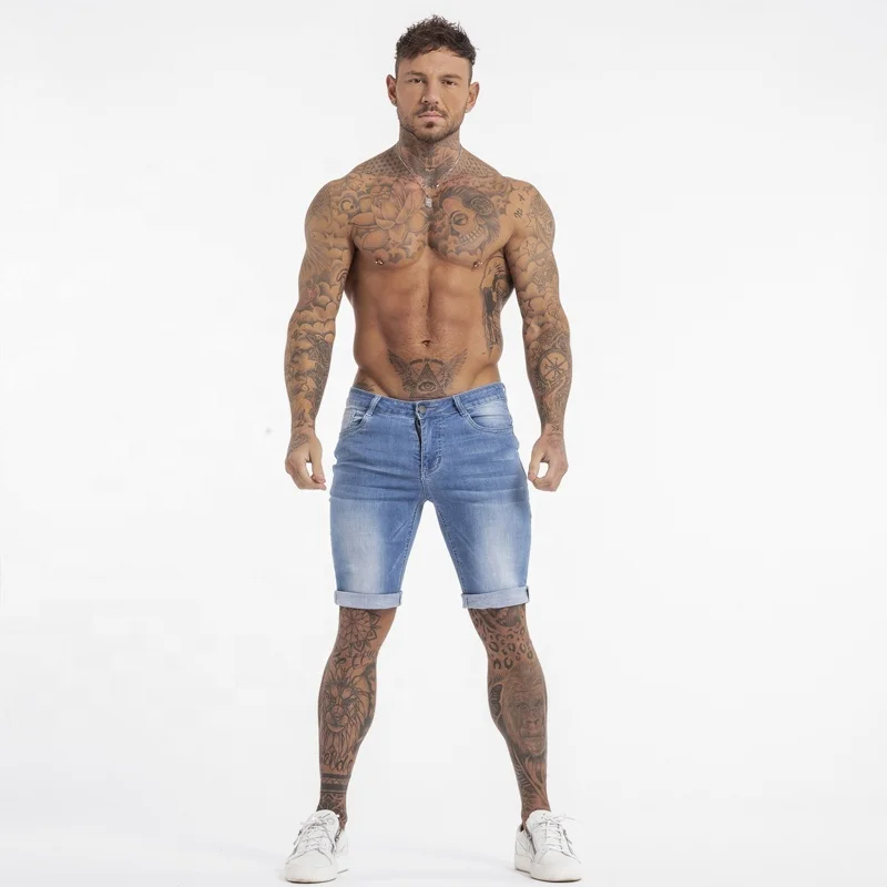 No MOQ Fashion Blue Men Plain Short Jeans Pants Casual Slim Fit Rolled up Cuff Stretch Skinny Shorts