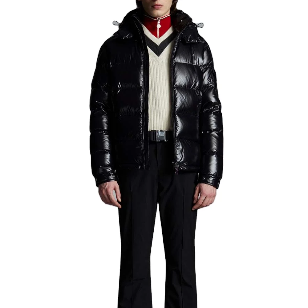 SHINY PUFFER JACKET - BLACK Quilted Mens Down Jacket Winter Custom Logo With Adjustable Hood Puffy Jacket