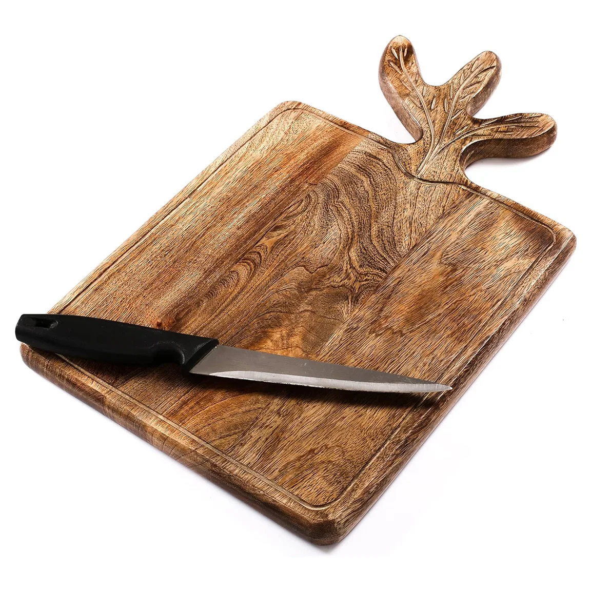 Top Selling Solid Mango Woods Cutting Board with Swamp Deer Horn Shape Handle Wooden Cutting and Serving Board at Factory Price