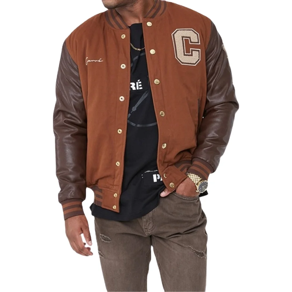 OEM Custom Leather Sleeved Varsity Jacket Embroidered Logo Classic Letterman Bomber Design Front Slash Pockets for Men