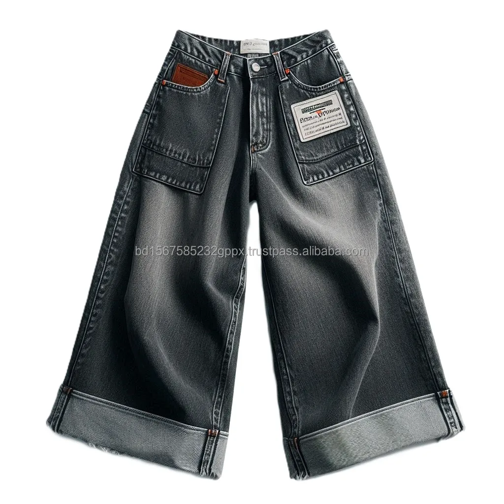 Cotton Denim Jeans Ladies Wide Leg Flared Bell-Bottom Casual Style Washable High Street Boot Cut Belt Embroidery Decoration