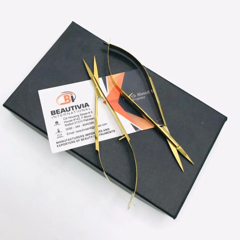 Gold Plasma Spring Scissors Extra Sharp Curved Stainless Steel Blade Russian Solid Cuticle Scissors for Nail Application