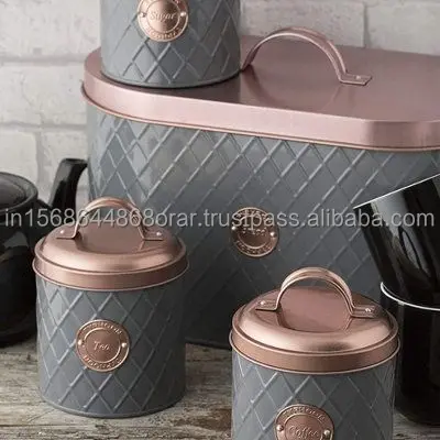 Metal Bread Box for Kitchen Storage Grey & Copper Embossed Kitchen Canister- Perfect Bread Keeper