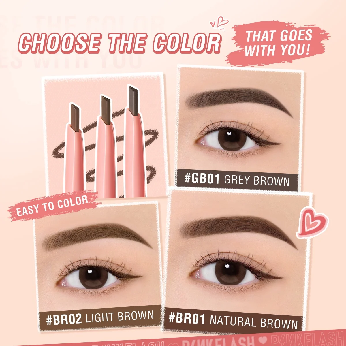 PINKFLASH E17 Automatic pink Eyebrow Pencil 3-in-1 Multi-use Brow Shaping Pen