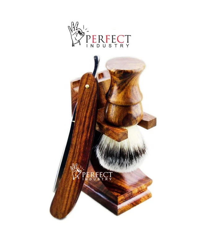 Perfect Industry 2022 wood Shaving Set Wood Handle Straight Razor Wooden Shaving Brush Stand Set
