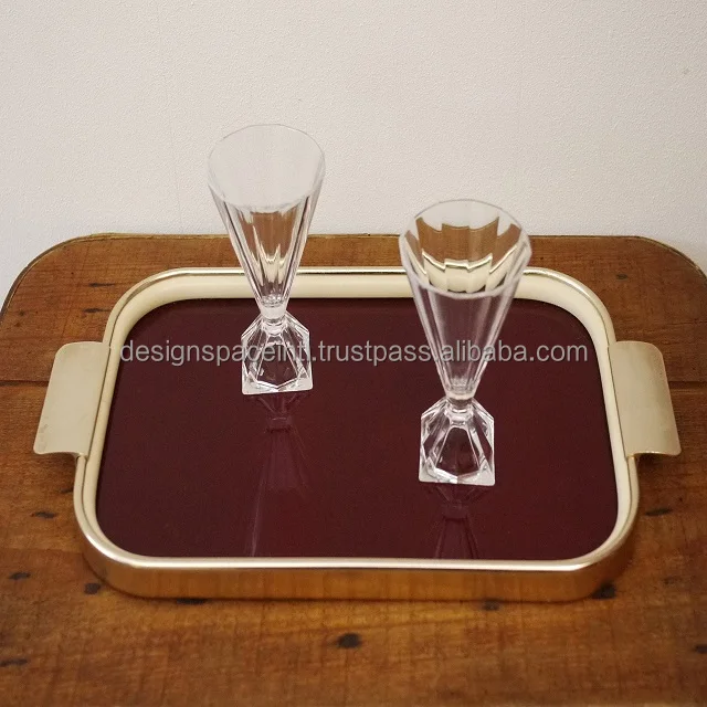 Glass Serving Tray with Metal Gold Outline and Handle at best rate