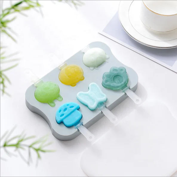 Amazing 6 Cavities Homemade DIY Reusable Silicone Cartoon Shaped Ice Cream Pop Maker Mold with Lids and Wooden Sticks