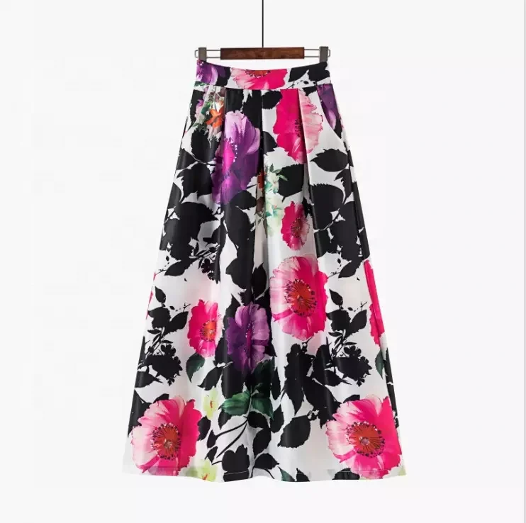 Women Summer Skirts 2022 Vintage Printed Chiffon Skirt Bow Waist Casual Holiday Beach Midi Skirt With Lining New Design