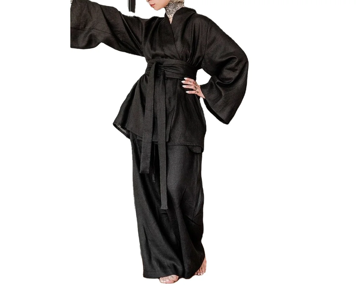 Custom Two Piece Black women linen pants kimono harem lounge wide leg parachute baggy sweatpants organic yoga boho trousers for