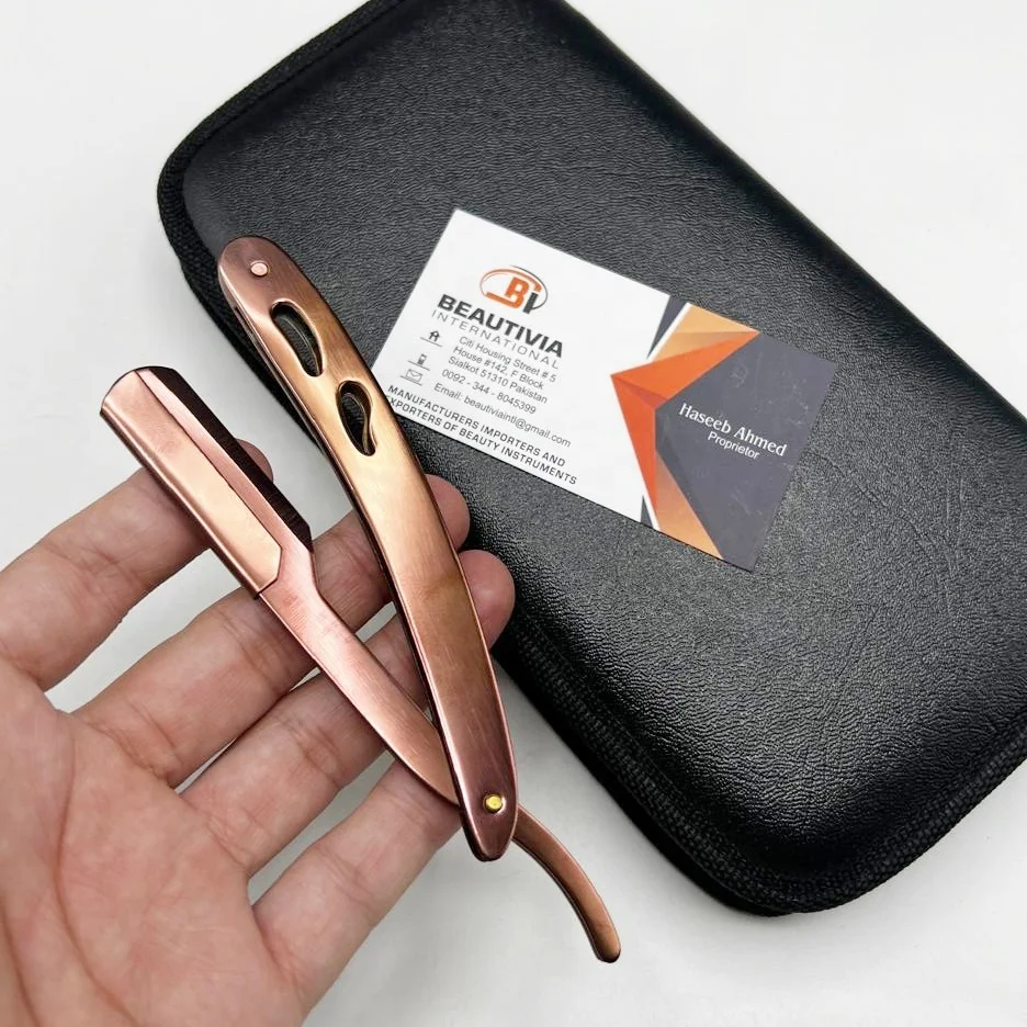 Rose Gold Professional Barber Shaving Razor Custom Logo Straight Barber Razor Stainless Steel Cut Throat Barber Razor