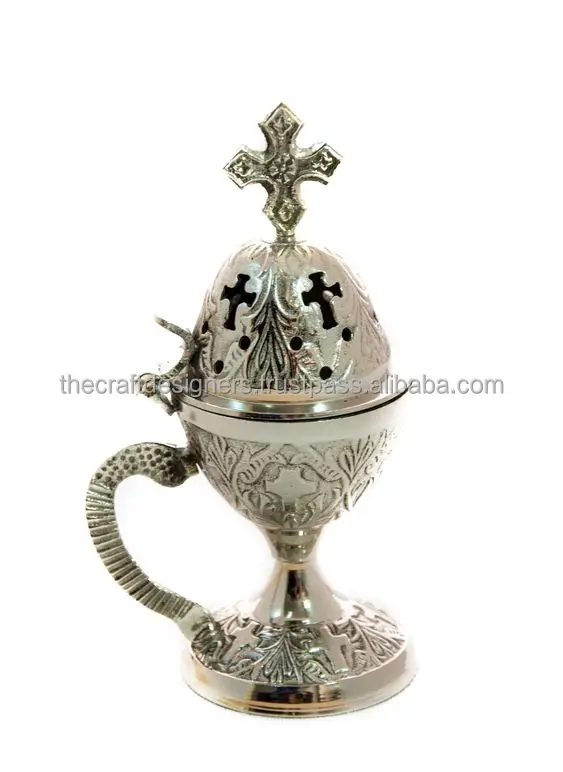 Silver Finished Brass Incense Burner Cross on Top Table Decorative Wholesale Quality Incense Burner Religious Fragrance Burner