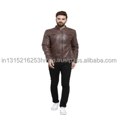 Real Leather Sheepskin  Zipper  Brown Men Biker Jacket with Quilted Viscose Lining Inside Outside Pocket 2024 design