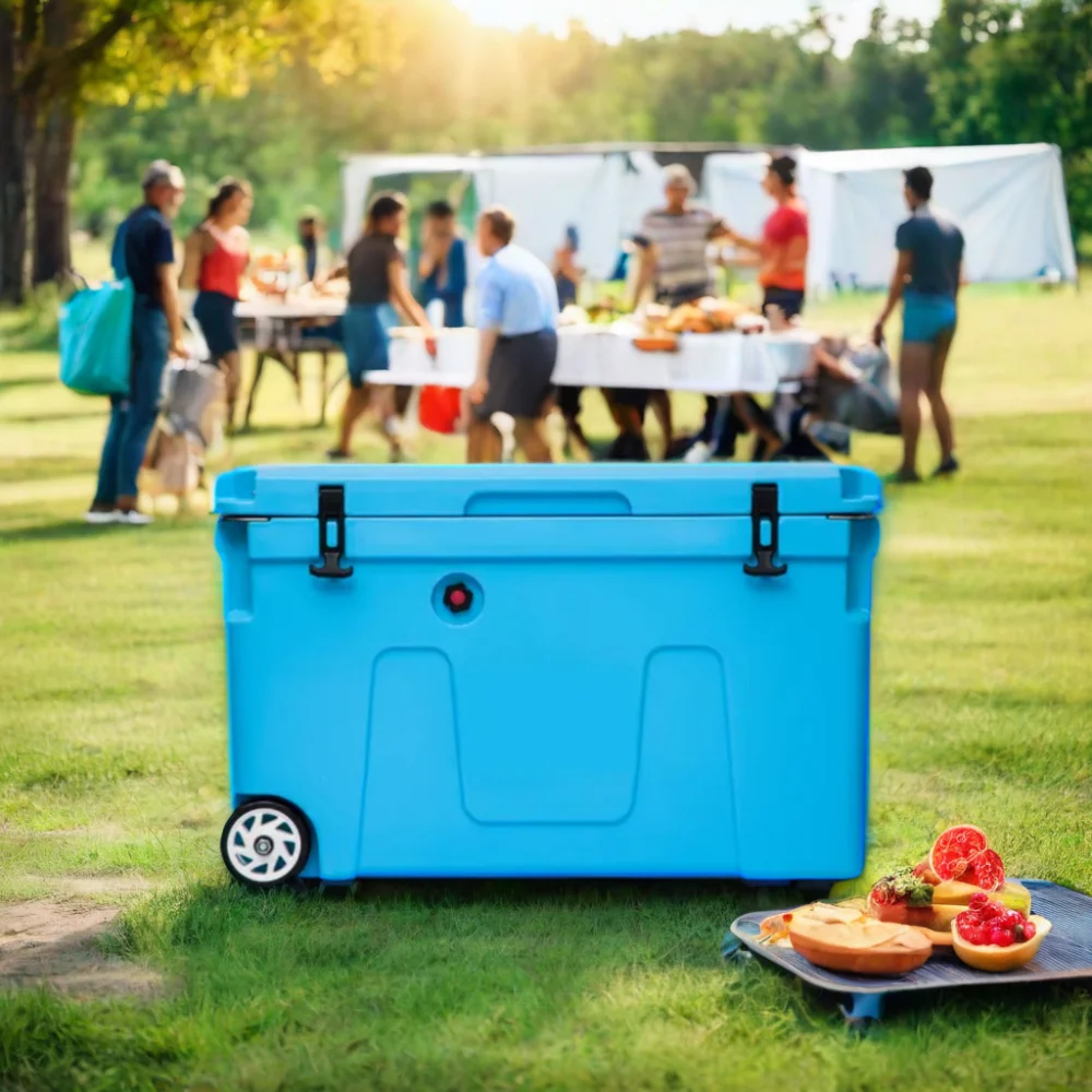90L Printed Logo Portable Plastic Cooler Hard Insulated Ice Box with Handle and Wheels for Food Camping Picnic