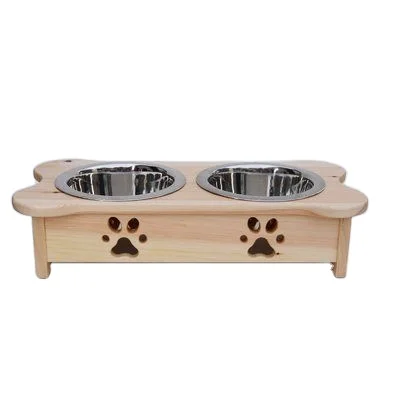 High Quality Bone Shaped Agate Double Dog Bowl Feeder Dish Holder Wood Mango Wood Stand Decorative Pet Feeder Natural Crafts