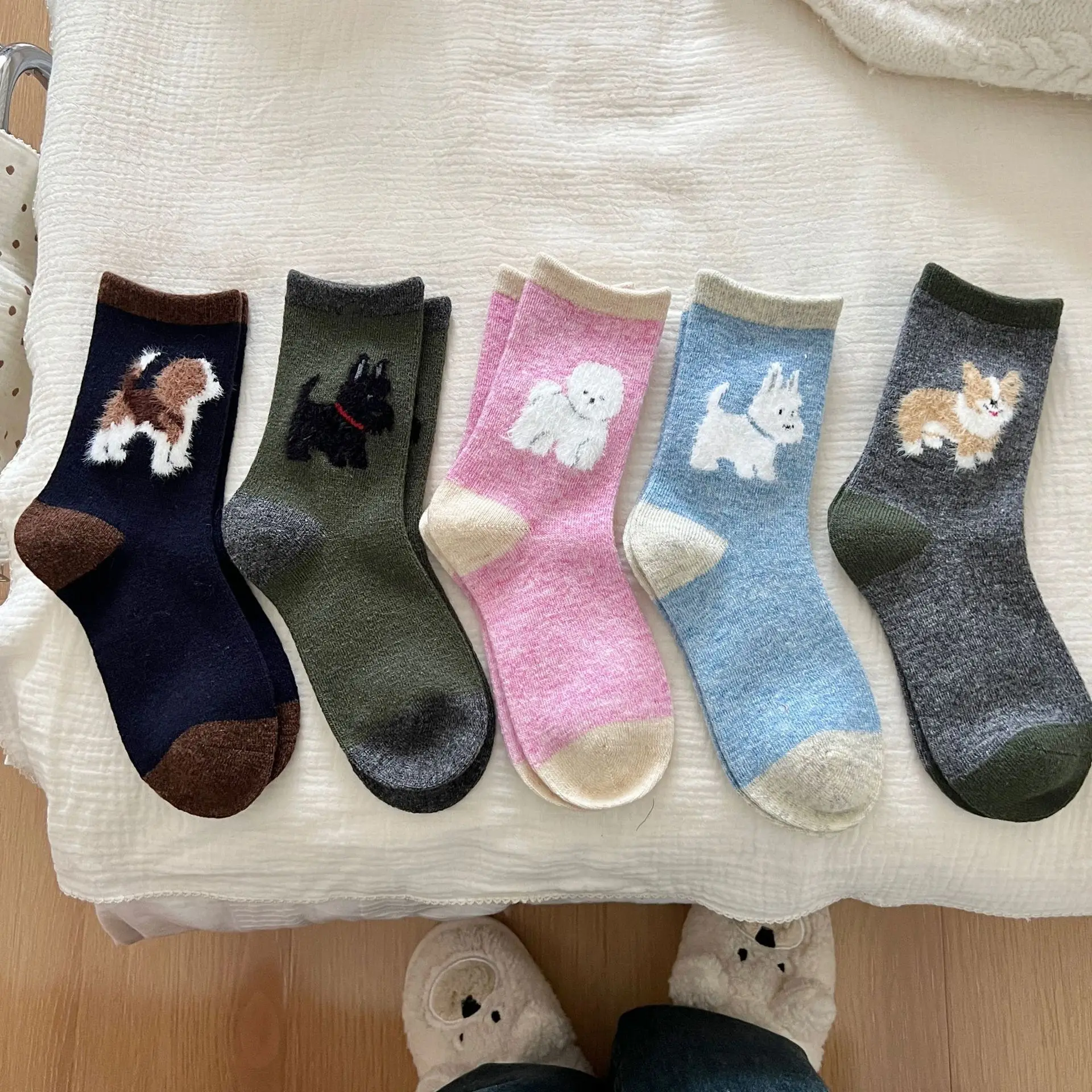 Winter Cute Cartoon Dog Cat Animals Thick Warm Wool Women Socks Cozy Thermal Wool Socks Women