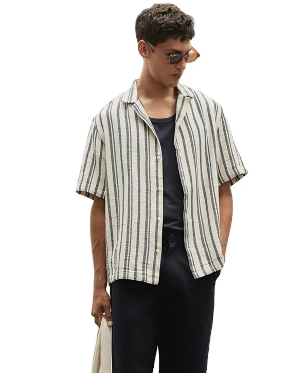 Regular Fit Striped Black& Beige Half Sleeve Breathable High Trending  100% Soft Cotton Front Chest Pocket Collar Shirts For Men