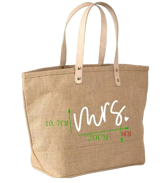 Wholesale Plain Custom Printed Letter Burlap Shopping Bag Large Natural Eco Friendly Fabric Jute Tote Bags with Leather Handles