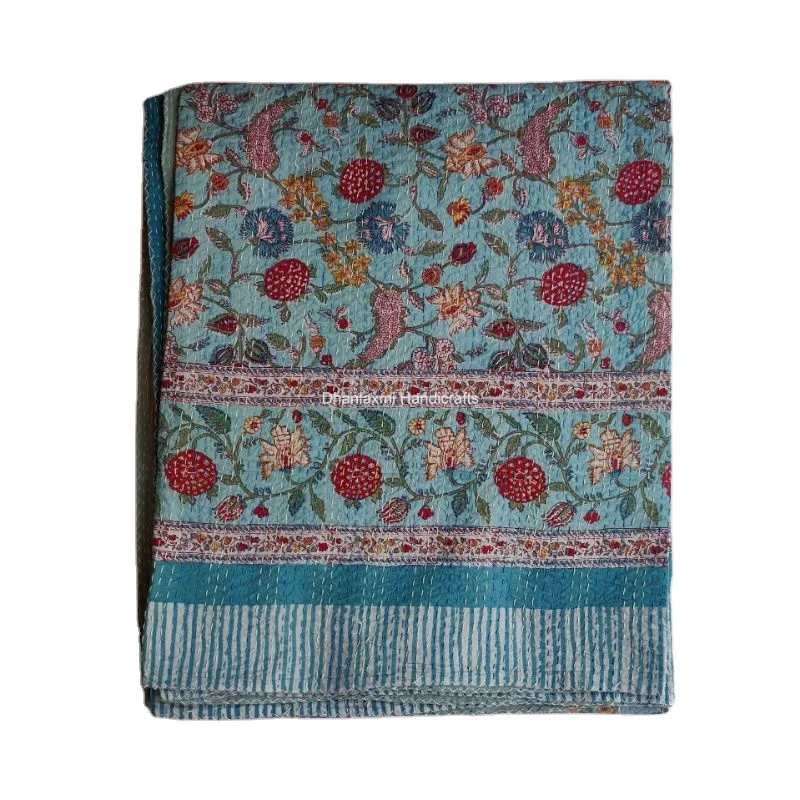 New Indian Sky Blue Floral Hand Block Print Cotton Kantha Quilt Indian Handmade Beautiful Floral Wholesale Kantha Bedspread