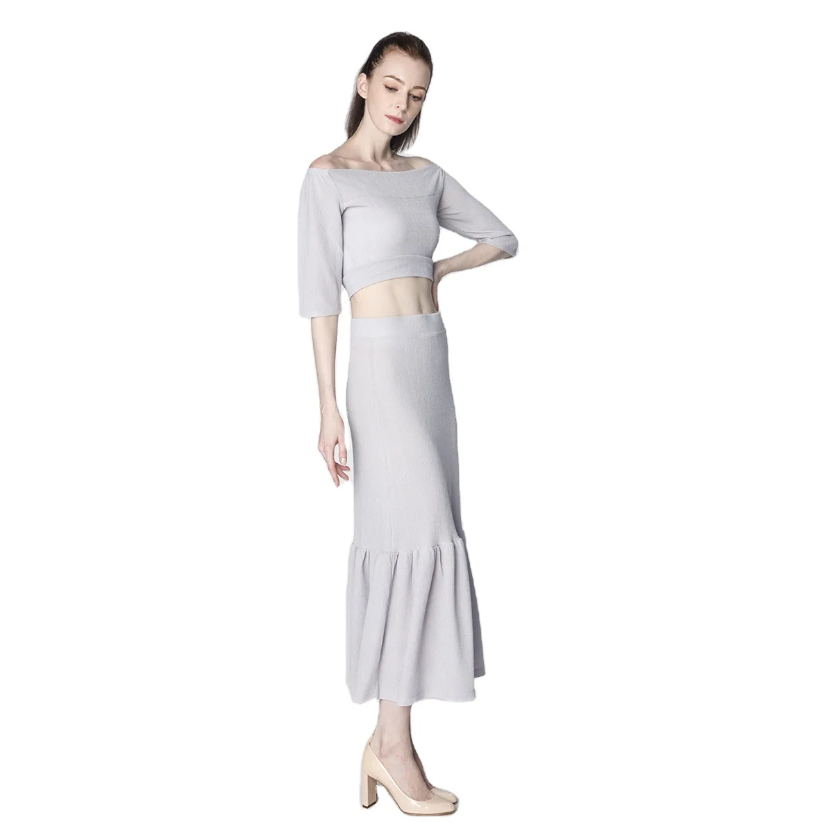LADIES CASUAL FASHION ELASTIC WAISTBAND RUFFLER LONG SKIRT WITH STRAPLESS SHORT SLEEVE