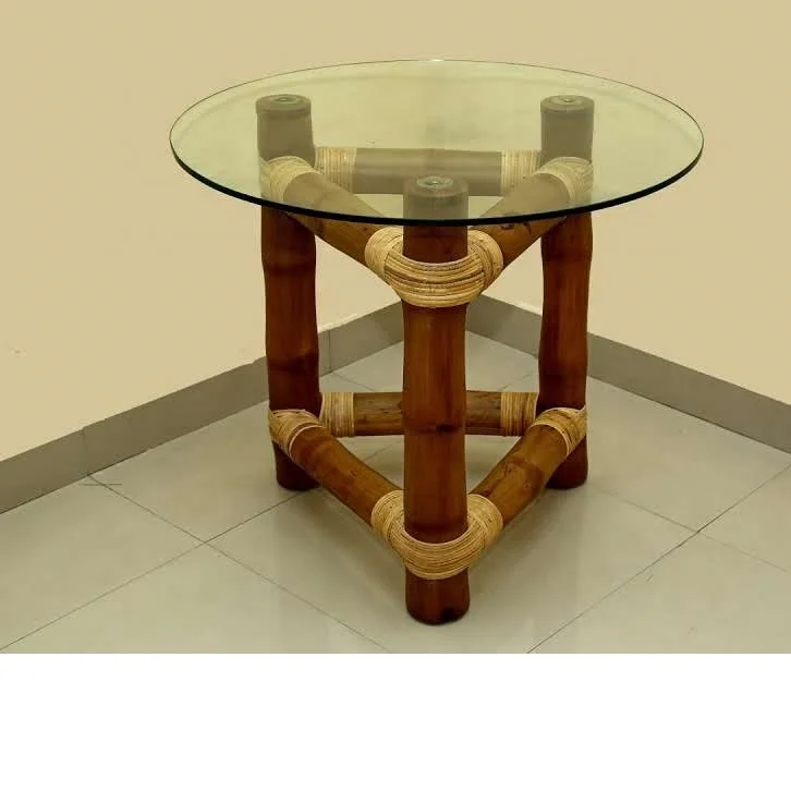 
Designer Commercial New Style Bamboo Furniture Solid Bamboo w/Glass Top Living Room Coffee Round Table Coffee Table, Side Table 