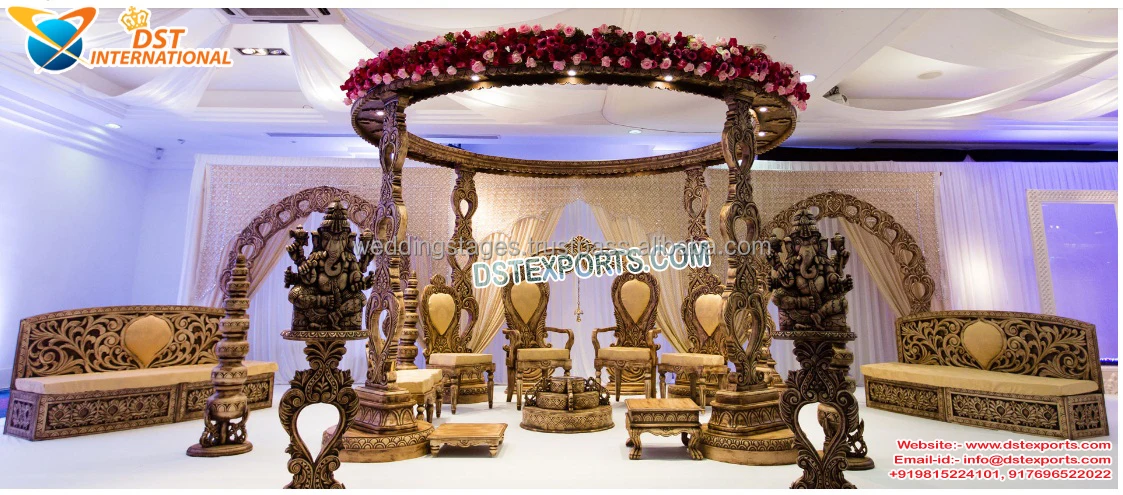 Best Traditional Indian Wedding Mandap Design with Arch Shape Square and Triple Pillars Trending Pipe and Drape Decorations