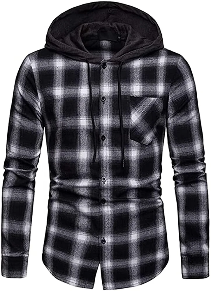Рубашка мужская с длинным рукавом фланелевая хлопковая в клетку оверсайз капюшоном на пуговицах спортзале под заказ