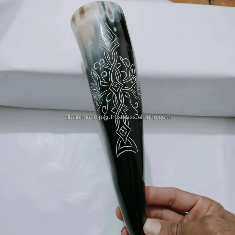 2024 Viking Drinking Horn Polished handmade Antique Carved buffalo horn with stand vintage factory Export BY ALBAIS HORN IMPEX