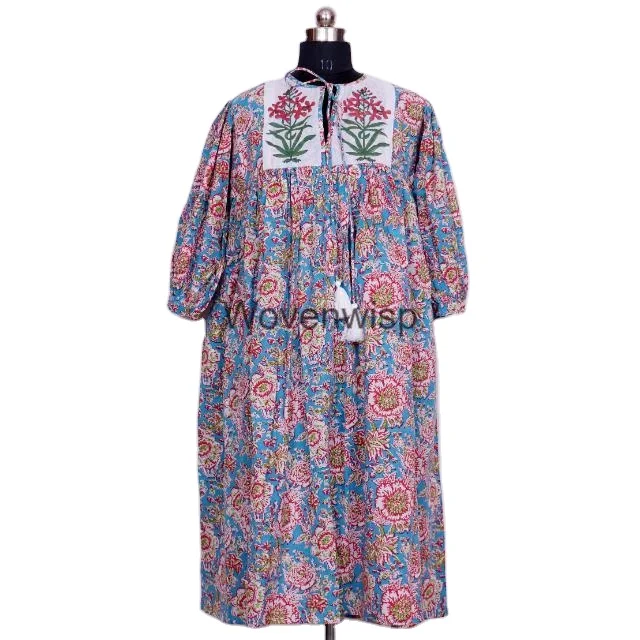 Women Dress With Sewing Pattern Maxi Standard New Arrival Women Clothing Custom Dress Elegant Hand Block Floral Print Cotton